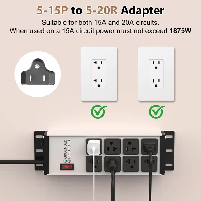 Alt view image 5 of 7 - Heavy Duty Power Strip 20 Amp, 12 Gauge Surge Protector, 10FT 2500W Extension Cord with Multiple Outlets,8 Outlets Wall Mount for Garage, Workshop, Industrial Shop,2500J