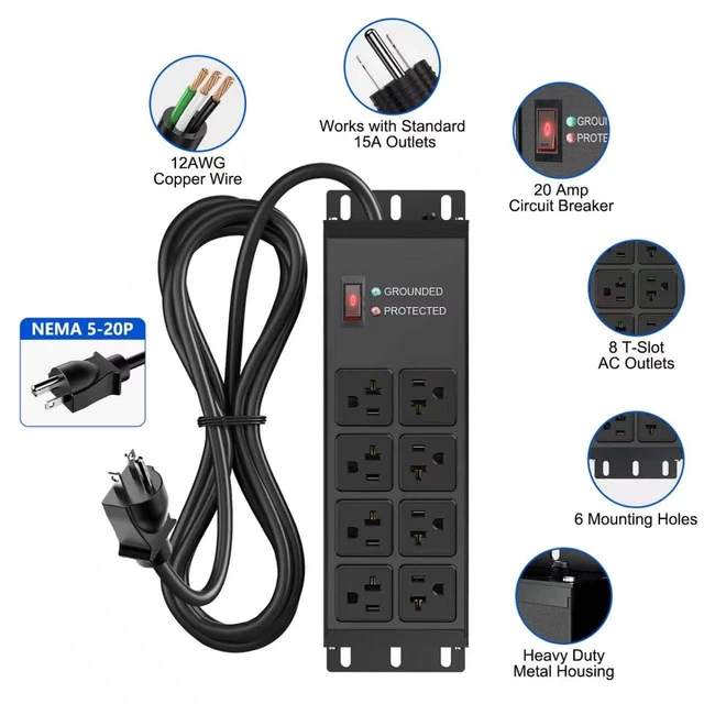 Alt view image 2 of 7 - Heavy Duty Power Strip 20 Amp, 12 Gauge Surge Protector, 10FT 2500W Extension Cord with Multiple Outlets,8 Outlets Wall Mount for Garage, Workshop, Industrial Shop,2500J