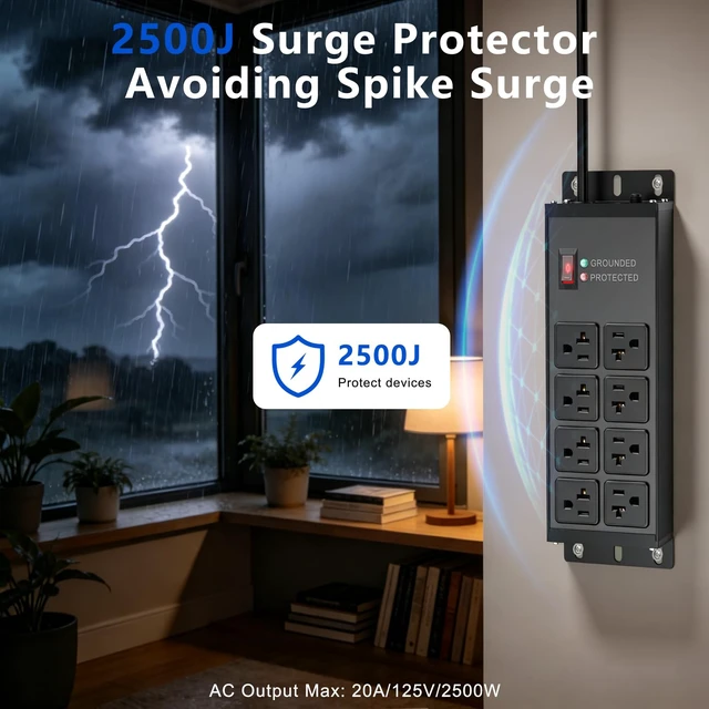 Alt view image 4 of 7 - Heavy Duty Power Strip 20 Amp, 12 Gauge Surge Protector, 10FT 2500W Extension Cord with Multiple Outlets,8 Outlets Wall Mount for Garage, Workshop, Industrial Shop,2500J
