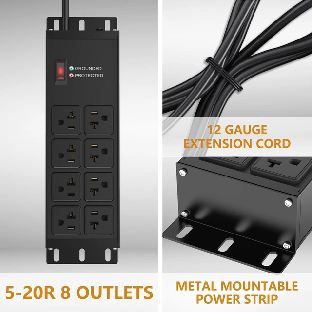 Alt view image 5 of 7 - Heavy Duty Power Strip 20 Amp, 12 Gauge Surge Protector, 10FT 2500W Extension Cord with Multiple Outlets,8 Outlets Wall Mount for Garage, Workshop, Industrial Shop,2500J