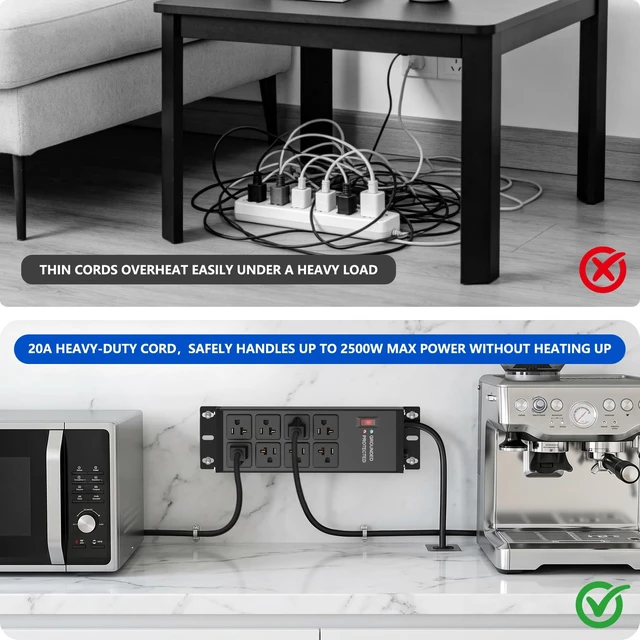 Alt view image 6 of 7 - Heavy Duty Power Strip 20 Amp, 12 Gauge Surge Protector, 10FT 2500W Extension Cord with Multiple Outlets,8 Outlets Wall Mount for Garage, Workshop, Industrial Shop,2500J