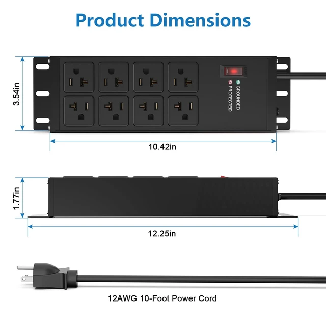 Alt view image 7 of 7 - Heavy Duty Power Strip 20 Amp, 12 Gauge Surge Protector, 10FT 2500W Extension Cord with Multiple Outlets,8 Outlets Wall Mount for Garage, Workshop, Industrial Shop,2500J