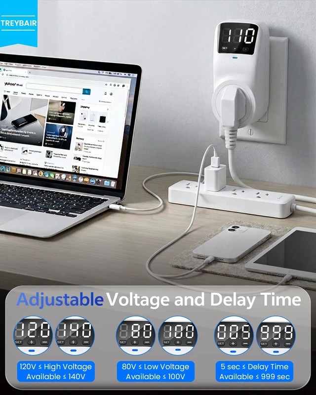 Alt view image 2 of 7 - Appliance Surge Protector Voltage Stabilizer Fireproof UL94V-1 Wall Mount Surge Protectors Outlet for Refrigerator, TV & Heavy, Real-Time Monitoring & Custom Voltage 80V-140V (2 Standard)