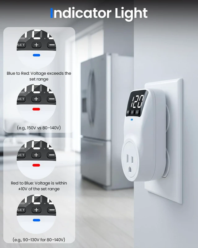 Alt view image 3 of 7 - Appliance Surge Protector Voltage Stabilizer Fireproof UL94V-1 Wall Mount Surge Protectors Outlet for Refrigerator, TV & Heavy, Real-Time Monitoring & Custom Voltage 80V-140V (2 Standard)