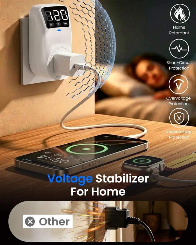 Alt view image 4 of 7 - Appliance Surge Protector Voltage Stabilizer Fireproof UL94V-1 Wall Mount Surge Protectors Outlet for Refrigerator, TV & Heavy, Real-Time Monitoring & Custom Voltage 80V-140V (2 Standard)
