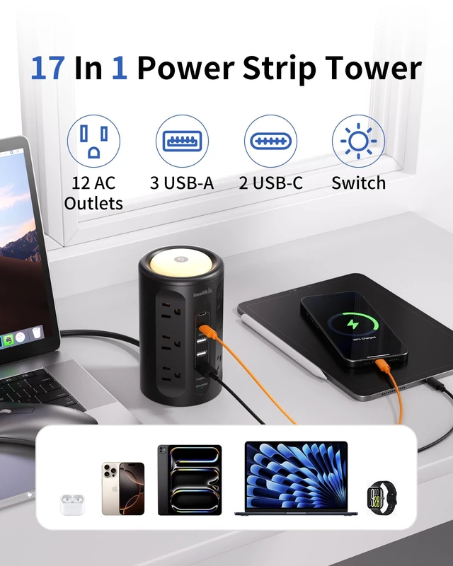 Alt view image 2 of 7 - Power Strip with Night Light, Extension Cord with Multiple Outlets (12AC+3A+2C), 10 FT Desk Power Strip Tower Charging Station for Home, Office, College Dorm Essentials