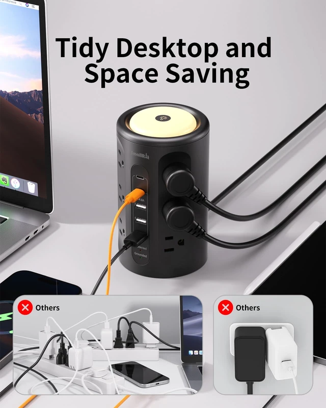 Alt view image 5 of 7 - Power Strip with Night Light, Extension Cord with Multiple Outlets (12AC+3A+2C), 10 FT Desk Power Strip Tower Charging Station for Home, Office, College Dorm Essentials