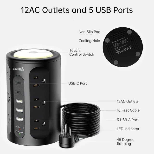 Alt view image 6 of 7 - Power Strip with Night Light, Extension Cord with Multiple Outlets (12AC+3A+2C), 10 FT Desk Power Strip Tower Charging Station for Home, Office, College Dorm Essentials