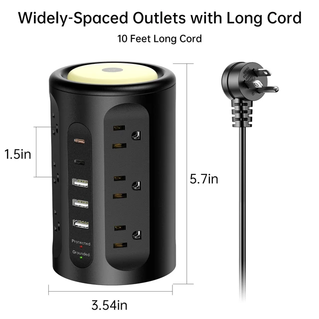 Alt view image 7 of 7 - Power Strip with Night Light, Extension Cord with Multiple Outlets (12AC+3A+2C), 10 FT Desk Power Strip Tower Charging Station for Home, Office, College Dorm Essentials