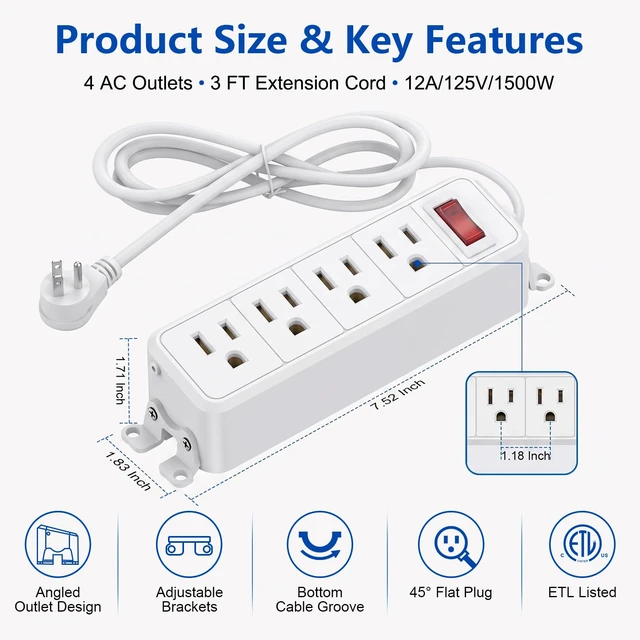 Alt view image 2 of 7 - 4 Outlet Small Power Strip, White, Mountable, 3 ft Cord Wall Mount, Overload Protection Switch, 16AWG Flat Plug Extension Cord, for Home, Office, School, ETL Listed