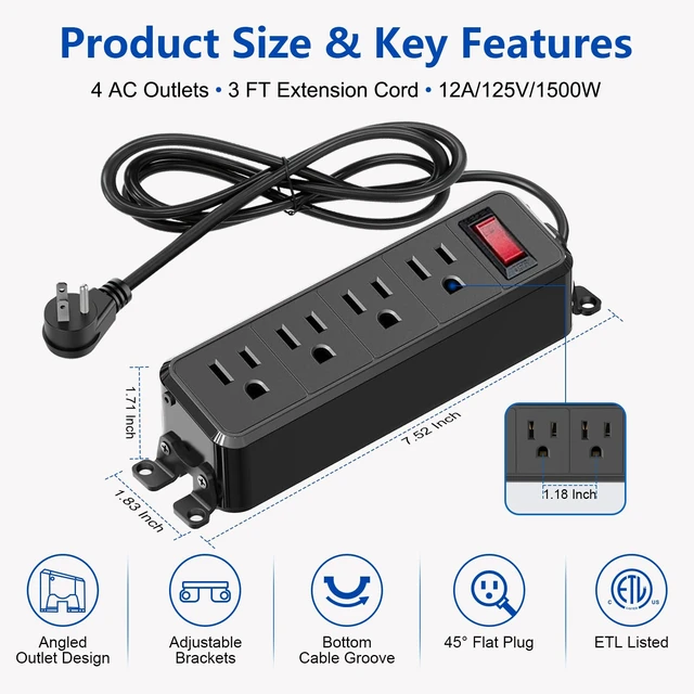 Alt view image 2 of 7 - 4 Outlet Small Power Strip, Black, Mountable, 3 ft Cord Wall Mount, Overload Protection Switch, 16AWG Flat Plug Extension Cord, for Home, Office, School, ETL Listed