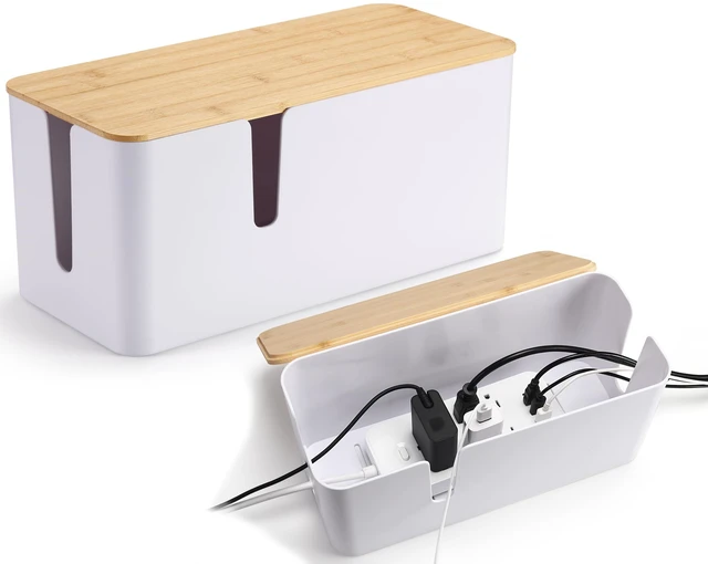 Main image of 2 Pack Cable Management Box, Large & XL, Power Strip Organizer, White Extra-Tall Design for Oversized Adapters, Fits Power Strips Up to 13.4" Long, Natural Bamboo Lid, Ideal for Desks, TV Areas