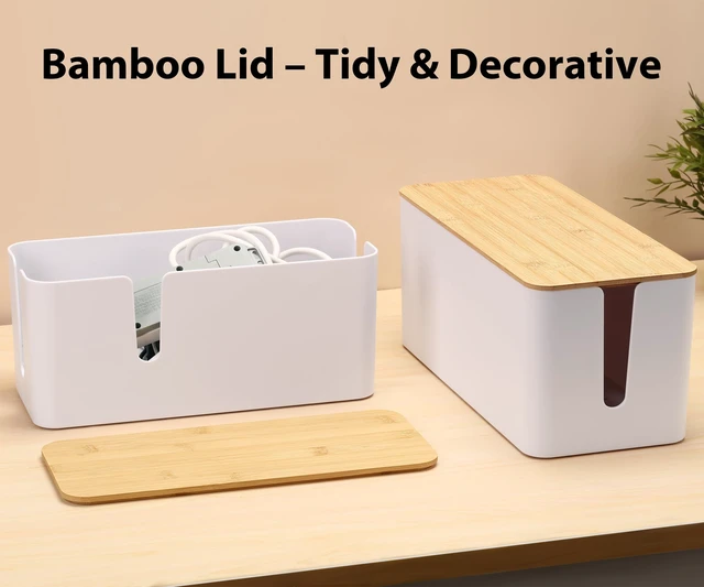 Alt view image 2 of 7 - 2 Pack Cable Management Box, Large & XL, Power Strip Organizer, White Extra-Tall Design for Oversized Adapters, Fits Power Strips Up to 13.4" Long, Natural Bamboo Lid, Ideal for Desks, TV Areas