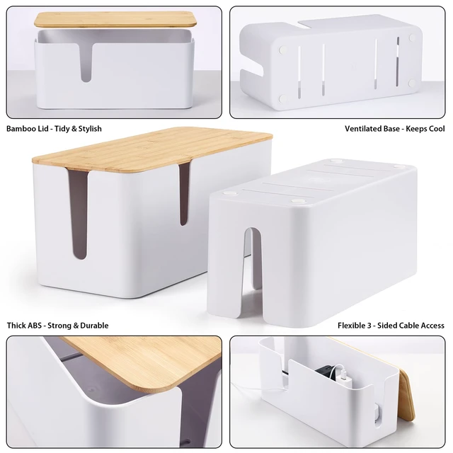 Alt view image 5 of 7 - 2 Pack Cable Management Box, Large & XL, Power Strip Organizer, White Extra-Tall Design for Oversized Adapters, Fits Power Strips Up to 13.4" Long, Natural Bamboo Lid, Ideal for Desks, TV Areas