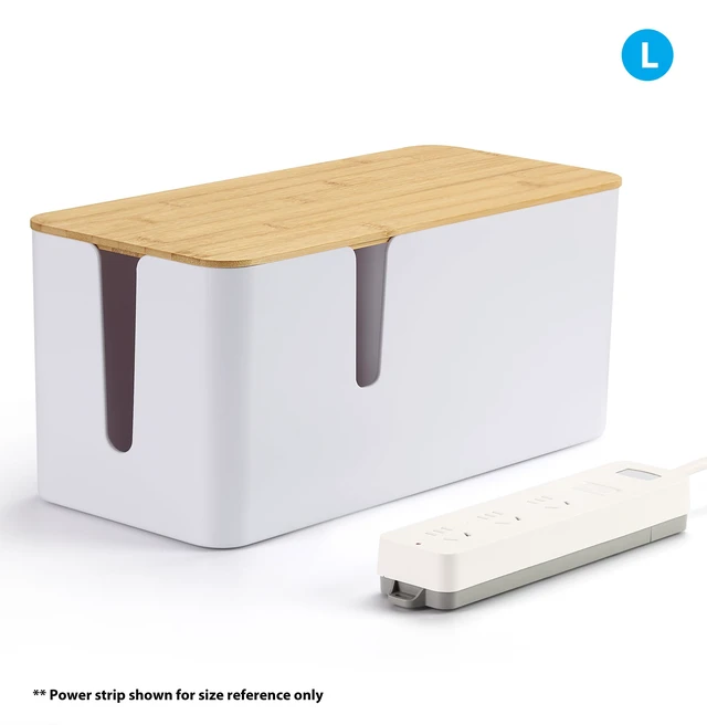 Alt view image 6 of 7 - 2 Pack Cable Management Box, Large & XL, Power Strip Organizer, White Extra-Tall Design for Oversized Adapters, Fits Power Strips Up to 13.4" Long, Natural Bamboo Lid, Ideal for Desks, TV Areas