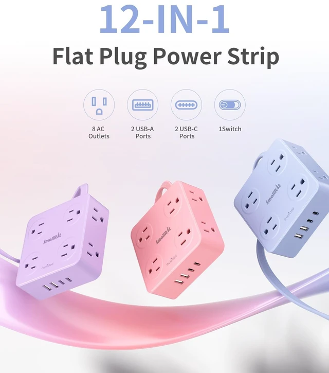 Alt view image 3 of 7 - Extension Cord with Multiple Outlets, Outlet Extender, 6.5FT Flat Plug Power Strip with USB Ports, 8 Outlets, Power Strips for Home Office Supplies, Blue