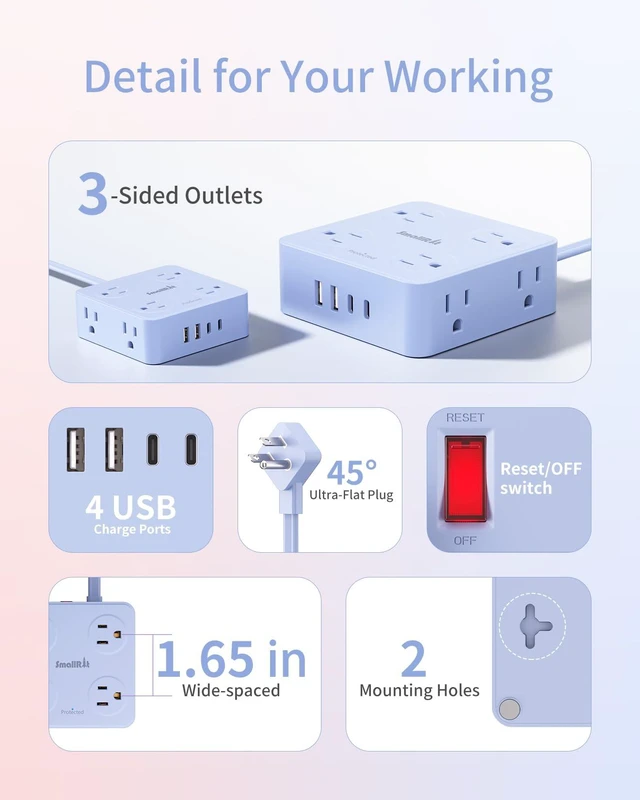 Alt view image 6 of 7 - Extension Cord with Multiple Outlets, Outlet Extender, 6.5FT Flat Plug Power Strip with USB Ports, 8 Outlets, Power Strips for Home Office Supplies, Blue