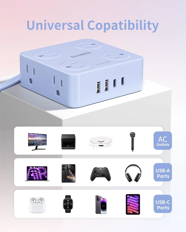 Alt view image 5 of 7 - Extension Cord with Multiple Outlets, Outlet Extender, 6.5FT Flat Plug Power Strip with USB Ports, 8 Outlets, Power Strips for Home Office Supplies, Blue
