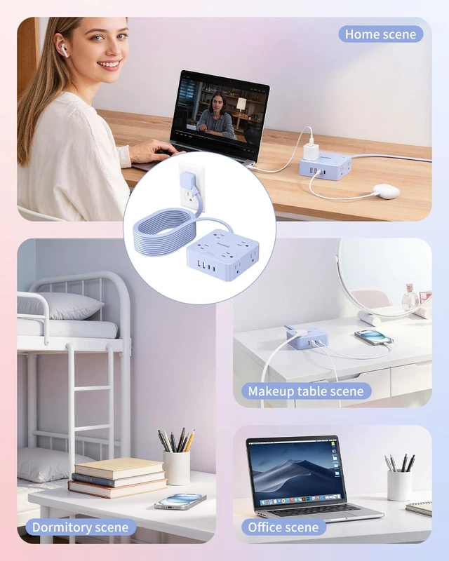 Alt view image 4 of 7 - Extension Cord with Multiple Outlets, Outlet Extender, 6.5FT Flat Plug Power Strip with USB Ports, 8 Outlets, Power Strips for Home Office Supplies, Blue