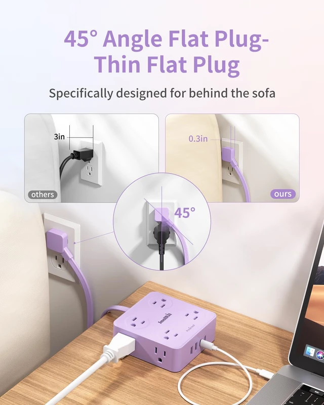 Alt view image 3 of 7 - Extension Cord with Multiple Outlets, Flat Plug Power Strip, 6.5FT Power Strips with USB Ports, 8 Outlets, Outlets Extender for Home Office, Purple