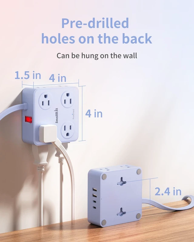 Alt view image 7 of 7 - Extension Cord with Multiple Outlets, Outlet Extender, 6.5FT Flat Plug Power Strip with USB Ports, 8 Outlets, Power Strips for Home Office Supplies, Blue