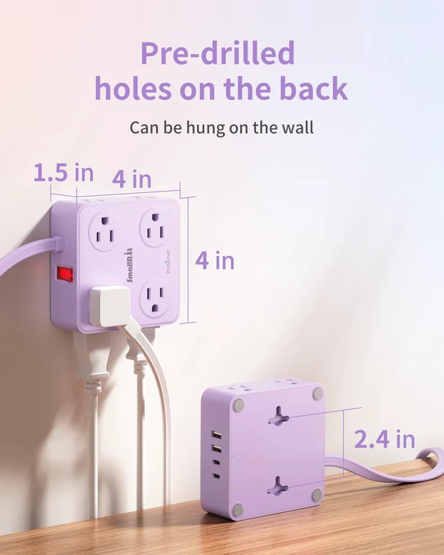 Alt view image 7 of 7 - Extension Cord with Multiple Outlets, 10FT Flat Plug Power Strip, Power Strips with USB Ports, 8 Outlets, Outlets Extender for Home Office, Purple