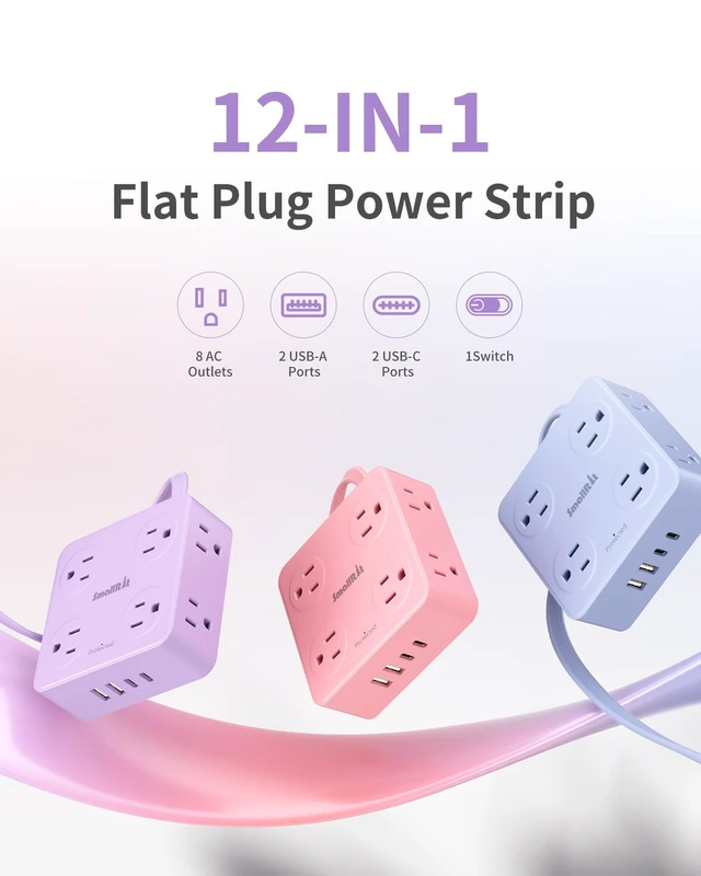Alt view image 2 of 7 - Extension Cord with Multiple Outlets, Flat Plug Power Strip, 6.5FT Power Strips with USB Ports, 8 Outlets, Outlets Extender for Home Office, Purple