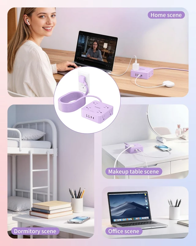 Alt view image 6 of 7 - Extension Cord with Multiple Outlets, Flat Plug Power Strip, 6.5FT Power Strips with USB Ports, 8 Outlets, Outlets Extender for Home Office, Purple