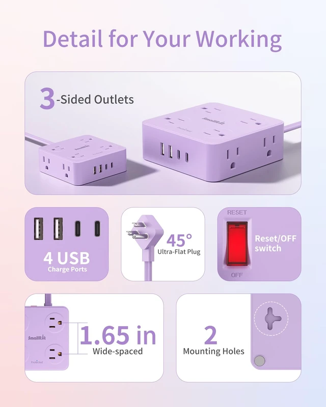Alt view image 5 of 7 - Extension Cord with Multiple Outlets, Flat Plug Power Strip, 6.5FT Power Strips with USB Ports, 8 Outlets, Outlets Extender for Home Office, Purple
