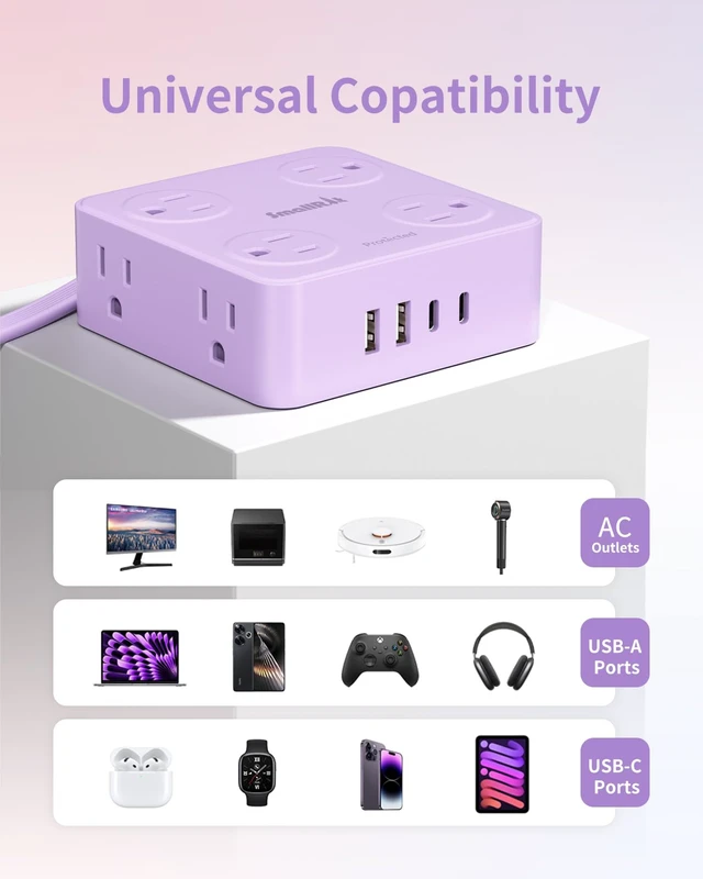 Alt view image 7 of 7 - Extension Cord with Multiple Outlets, Flat Plug Power Strip, 6.5FT Power Strips with USB Ports, 8 Outlets, Outlets Extender for Home Office, Purple