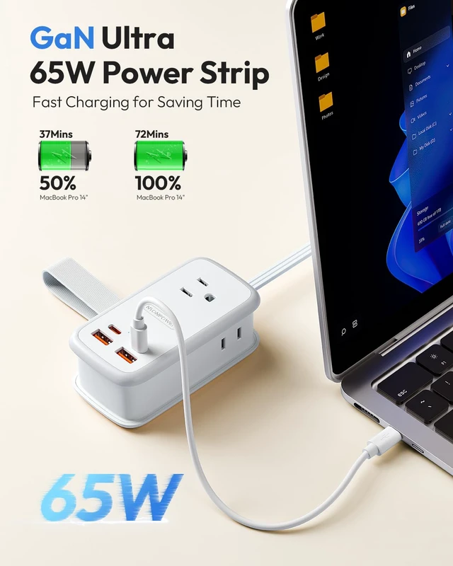 Alt view image 2 of 7 - GAN Ultra 65W USB Charging Station, 7 in 1 Travel Power Strip with 3 Outlets 4 USB (2 USB C), Extension Cord 4ft, Travel Essentials, Cruise Power Strip Compatible with MacBook, iPhone, White