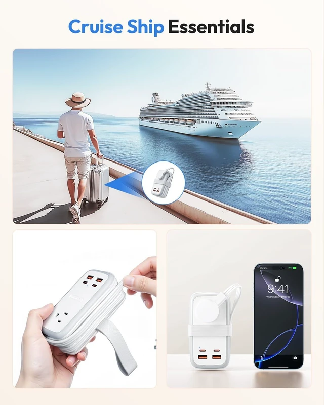 Alt view image 4 of 7 - GAN Ultra 65W USB Charging Station, 7 in 1 Travel Power Strip with 3 Outlets 4 USB (2 USB C), Extension Cord 4ft, Travel Essentials, Cruise Power Strip Compatible with MacBook, iPhone, White