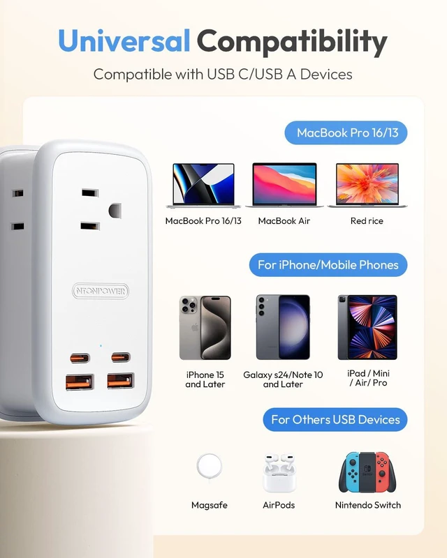 Alt view image 6 of 7 - GAN Ultra 65W USB Charging Station, 7 in 1 Travel Power Strip with 3 Outlets 4 USB (2 USB C), Extension Cord 4ft, Travel Essentials, Cruise Power Strip Compatible with MacBook, iPhone, White