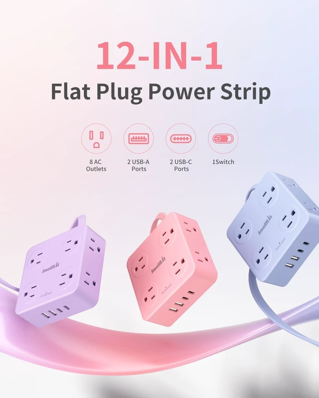Alt view image 3 of 7 - Power Strip, Extension Cord with Multiple Outlets, 10FT Flat Plug Power Strip with USB Ports, 8 Outlets, Outlet Extender for Home Office, Pink