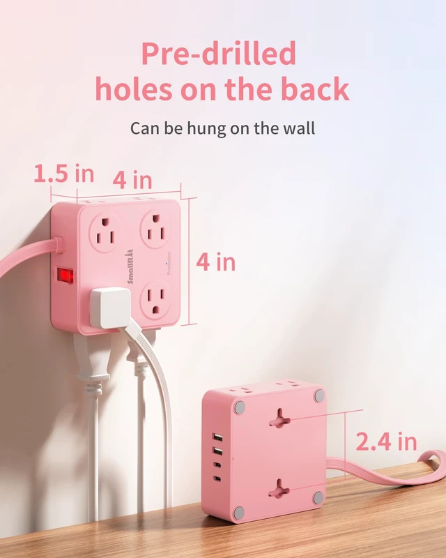 Alt view image 4 of 7 - Power Strip, Extension Cord with Multiple Outlets, 10FT Flat Plug Power Strip with USB Ports, 8 Outlets, Outlet Extender for Home Office, Pink