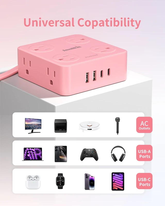 Alt view image 7 of 7 - Power Strip, Extension Cord with Multiple Outlets, 10FT Flat Plug Power Strip with USB Ports, 8 Outlets, Outlet Extender for Home Office, Pink