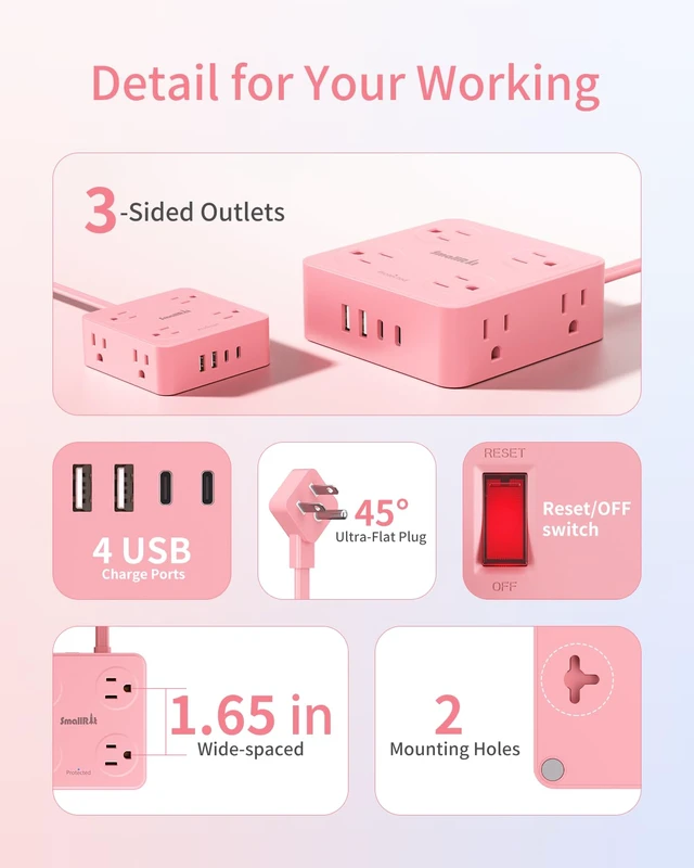 Alt view image 5 of 7 - Power Strip, Extension Cord with Multiple Outlets, 10FT Flat Plug Power Strip with USB Ports, 8 Outlets, Outlet Extender for Home Office, Pink