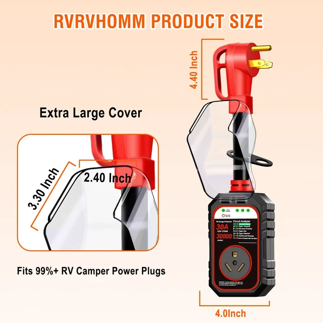 Alt view image 3 of 7 - 30000J 30Amp RV Surge Protector 30 Amp Flag Design - Upgraded Power Surges Voltage Protection Circuit Analyzer IP68 Waterproof Cover for 30A RVS Camper Trailer Must Haves (30Amp, Red)