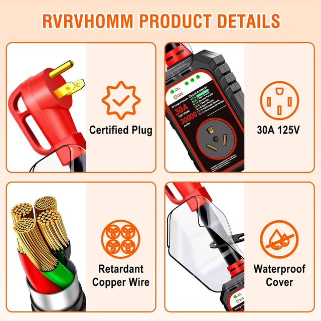 Alt view image 4 of 7 - 30000J 30Amp RV Surge Protector 30 Amp Flag Design - Upgraded Power Surges Voltage Protection Circuit Analyzer IP68 Waterproof Cover for 30A RVS Camper Trailer Must Haves (30Amp, Red)