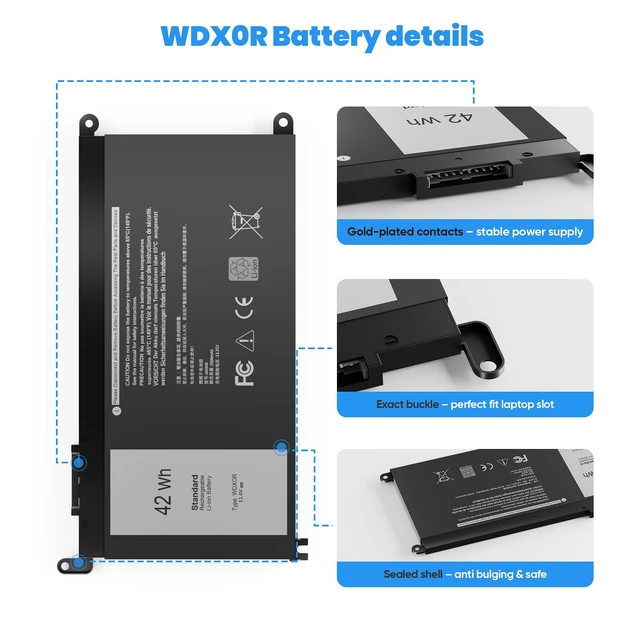 Alt view image 5 of 7 - 42Wh WDX0R WDXOR 11.4V Battery for Dell Inspiron 13 7375 7368 7378 5368 5378 5379 P69G 15 7573 7579 7560 7570 7569 5570 5567 5565 5568 5578 5579 5575 17 5765 5767 5770 5775 P58F P66F P75F FW8KR CYMGM