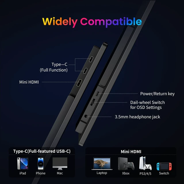 Alt view image 7 of 7 - 18.5 Inch Portable Monitor, HDMI USB-C Slim 120Hz Portable Gaming Monitor 1080P FHD IPS FreeSync Large Portable Monitor for Laptop MacBook Pro Air, PC, Xbox, PS4/5 Travel Monitor with Kickstand