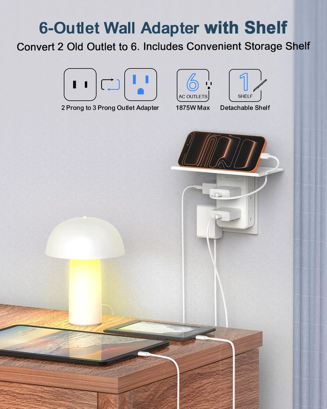 Alt view image 4 of 7 - 2 to 3 Prong Outlet Adapter with Shelf, 6 Outlets, White Three-sided layout for older two-prong outlets with 6 AC outlets. Shelf holds phones; no grounding provided