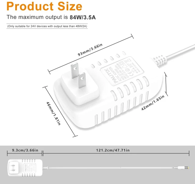 Alt view image 2 of 7 - 24V DC Power Supply Adapter 24Volt 3.5A 84W AC to DC Converter Transformer 100-240V AC Input with 5.5 x 2.1mm US Plug for LED Strip, CCTV Camera