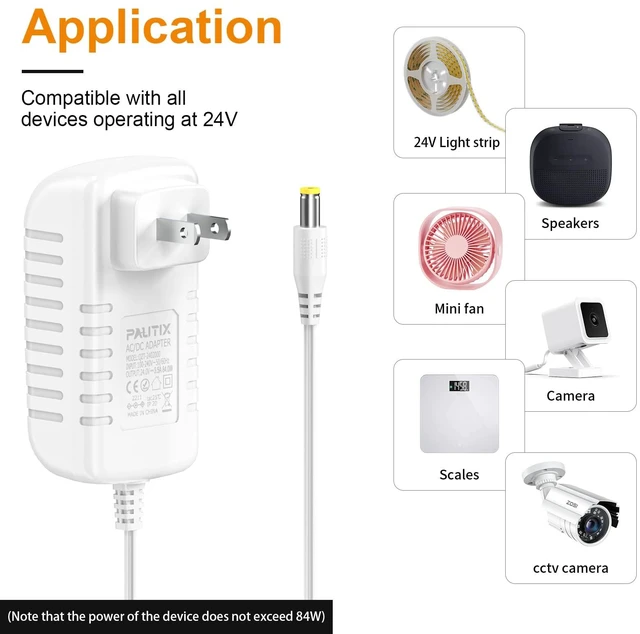 Alt view image 7 of 7 - 24V DC Power Supply Adapter 24Volt 3.5A 84W AC to DC Converter Transformer 100-240V AC Input with 5.5 x 2.1mm US Plug for LED Strip, CCTV Camera