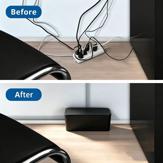 Alt view image 5 of 5 - 2 Pack Cable Management Box, Medium & XL, Power Strip Organizer Black Hidden Rear Cable Routing, Durable ABS Construction, Fits Power Strips Up to 13.4", Ideal for Desks, TV Areas & Floor Corners