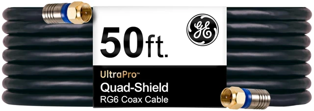 Main image of RG6 Coaxial Cable, 50 ft. F-Type Connectors, Quad Shielded Coax Cable 3 GHz Digital, in-Wall Rated, Ideal for TV Antenna, DVR, VCR, Satellite, Cable Box, Home Theater, Black, 33532