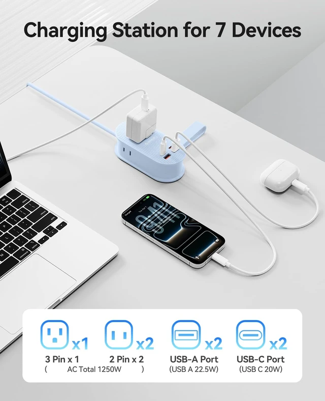 Alt view image 3 of 7 - 22.5W Travel Power Strip, 7 in 1 Charging Station(3AC, 4 USB Ports) 4ft Extension Cord, Flat Plug Fashion Essential for Cruise Ship/Travel/Home/Office/Dorm - TK22