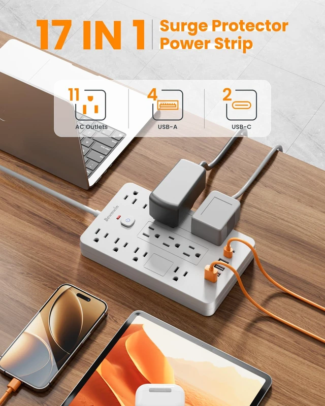 Alt view image 2 of 7 - 6FT Flat Plug Surge Protector Power Strip with 11 Outlets&6 USB Ports 6FT Flat Plug Extension Cord Power Strip with 11 Outlets(1850W/15A/14AWG) &6 USB Ports(2 USB C),Wall Mount, ETL