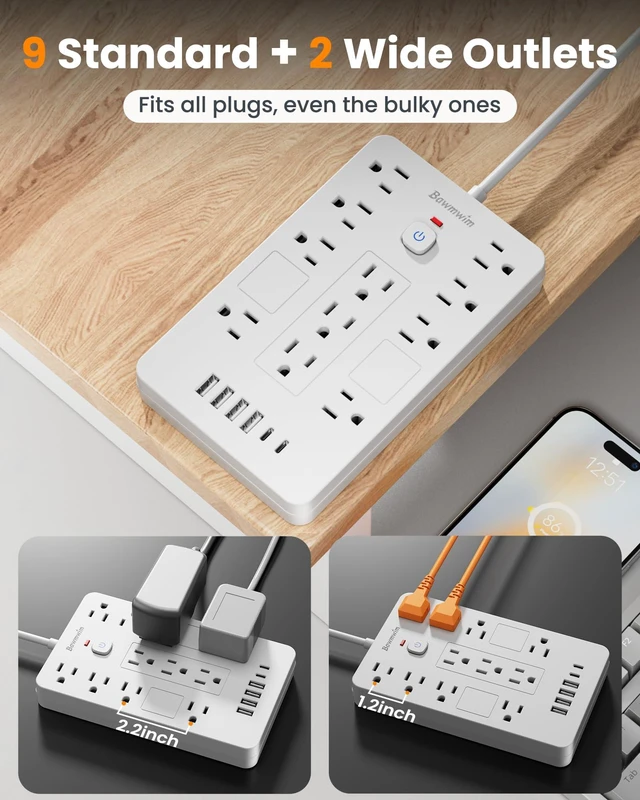 Alt view image 3 of 7 - 6FT Flat Plug Surge Protector Power Strip with 11 Outlets&6 USB Ports 6FT Flat Plug Extension Cord Power Strip with 11 Outlets(1850W/15A/14AWG) &6 USB Ports(2 USB C),Wall Mount, ETL