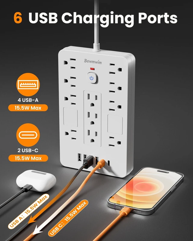 Alt view image 4 of 7 - 6FT Flat Plug Surge Protector Power Strip with 11 Outlets&6 USB Ports 6FT Flat Plug Extension Cord Power Strip with 11 Outlets(1850W/15A/14AWG) &6 USB Ports(2 USB C),Wall Mount, ETL